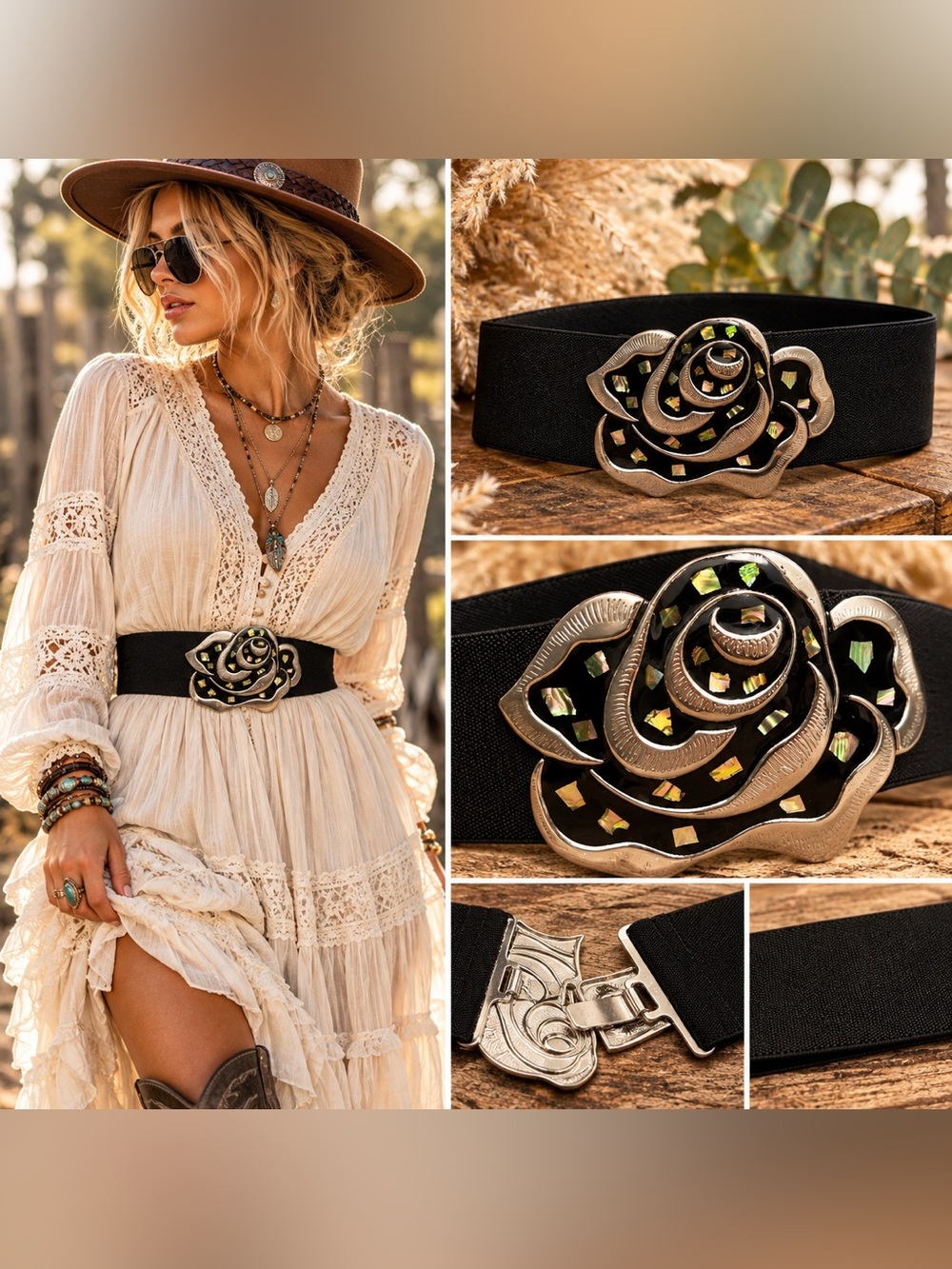 Statement heavy metal Rose Buckle Black Stretch Waist Belt | Boho Western Glam